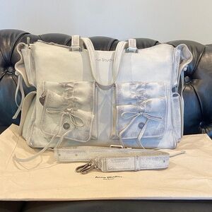 Acne Cream Large Leather Tote with Front Pockets and Detachable Strap